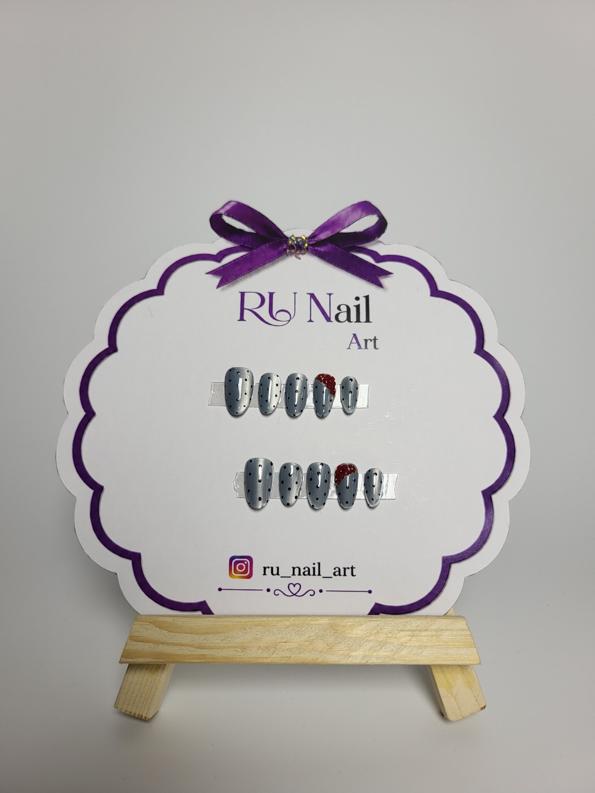 Silver Chrome Polka Dot Press-On Nails with Ruby Floral Accent | Handmade Reusable Almond Nails