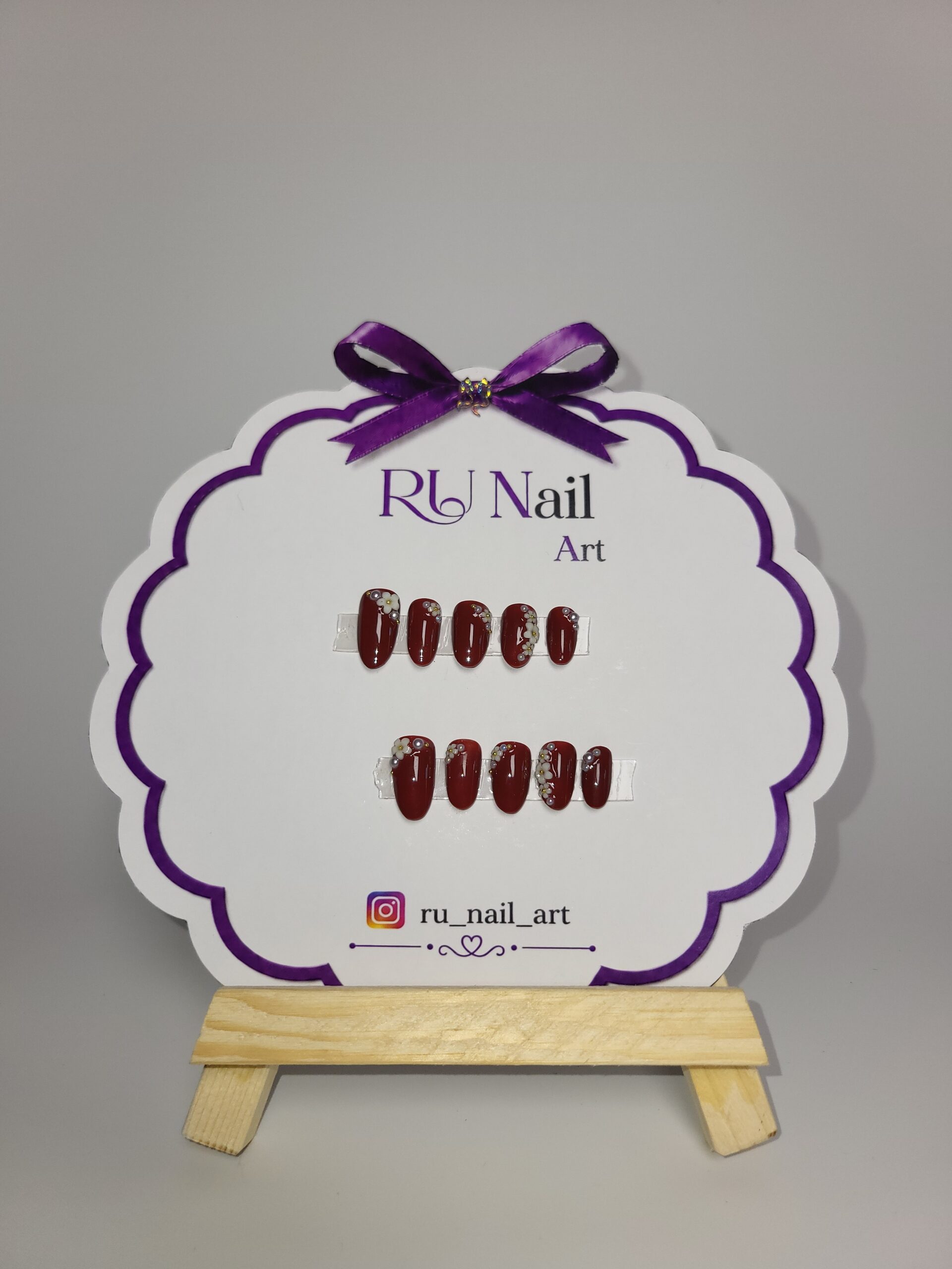Ruby Blossom Floral Press-On Nails | Handmade Burgundy Red Reusable Almond Nail Set