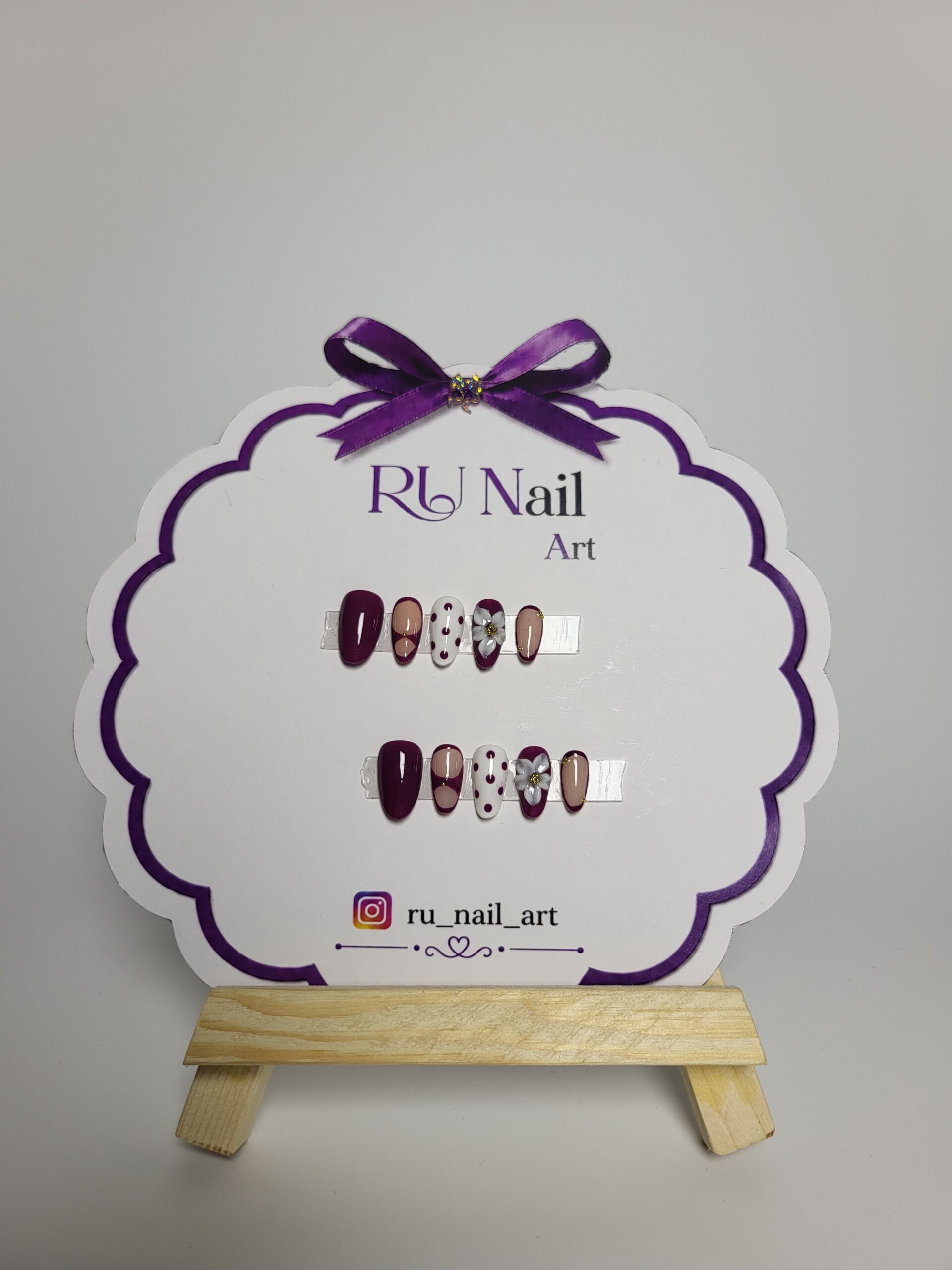 Burgundy Blossom Press-On Nails | Handmade Floral Almond Nail Set with Polka Dot & 3D Flower Design